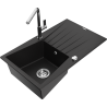 Mexen Cesar granitový drez s 1 komorou s odkvapkávačom a kuchynskou batériou Flora, čierny - 6514-77-670401-00