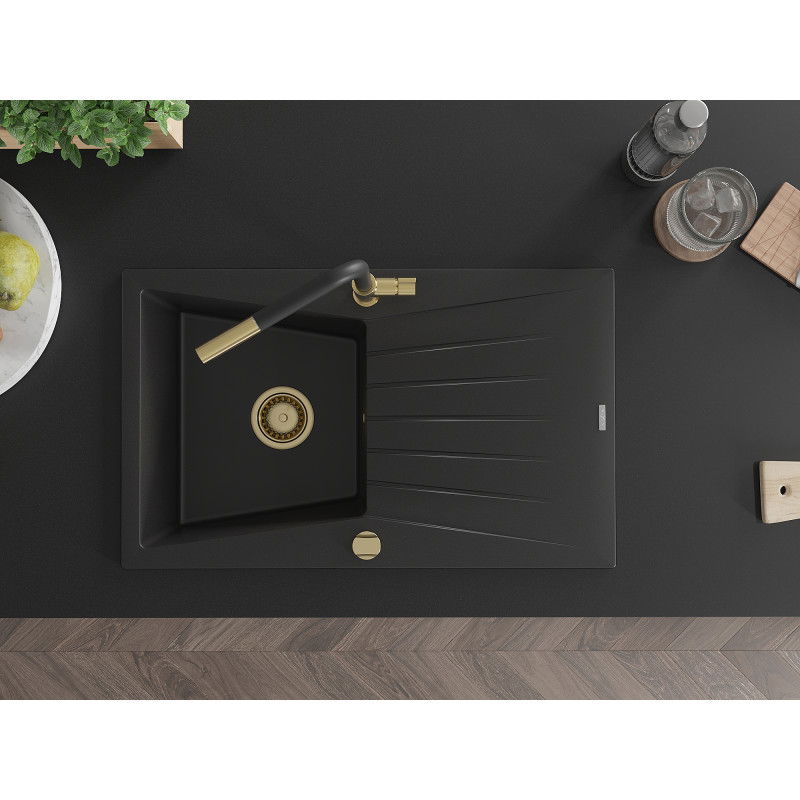 Mexen Cesar žulový drez 1-komorový s odkvapkávačom a kuchynskou batériou Flora, čierny - 6514-77-670401-57-G