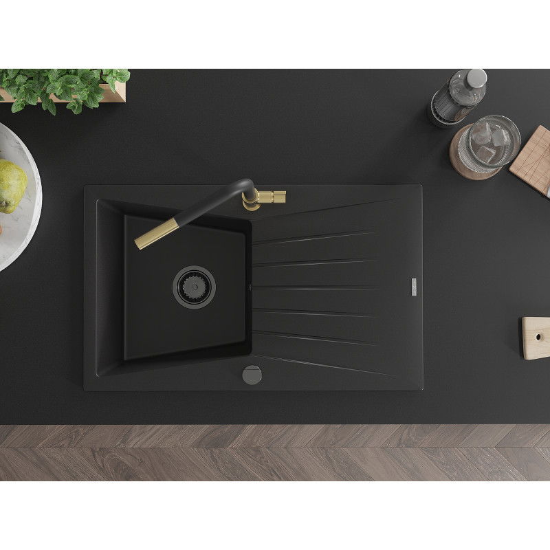 Mexen Cesar žulový drez s 1 komorou a odkvapkávačom a kuchynskou batériou Flora, čierny - 6514-77-670401-57-B