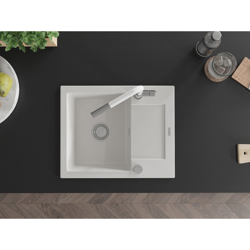 Mexen Enzo granitový kuchynský drez 1-komorový s odkvapkávačom a kuchynskou batériou Flora, biely - 6506-20-670401-02