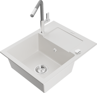 Mexen Enzo granitový kuchynský drez s 1 komorou a odkvapkávačom a kuchynským kohútikom Flora, biely - 6506-20-670401-06