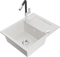 Mexen Enzo granitový drez s 1 komorou a odkvapkávacou plochou a kuchynskou batériou Flora, biely - 6506-20-670401-07