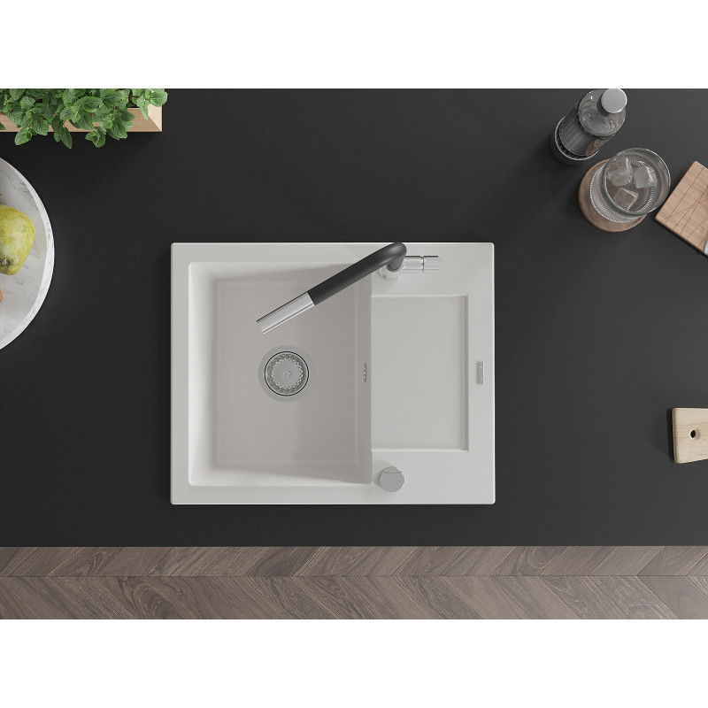 Mexen Enzo granitový drez s 1 komorou a odkvapkávacou plochou a kuchynskou batériou Flora, biely - 6506-20-670401-07