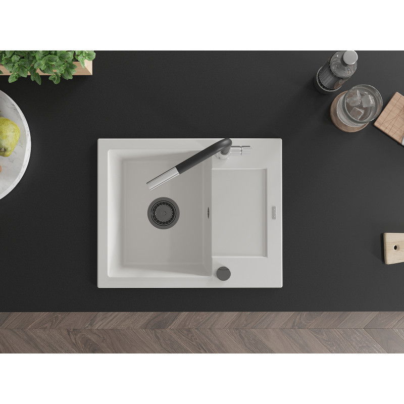 Mexen Enzo granitový drez s 1 komorou, odkvapkávačom a kuchynskou batériou Flora, biela - 6506-20-670401-07-B
