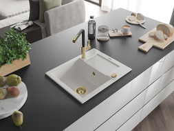 Mexen Enzo granitový drez 1-komorový s odkvapkávačom a kuchynskou batériou Flora, biely - 6506-20-670401-57-G