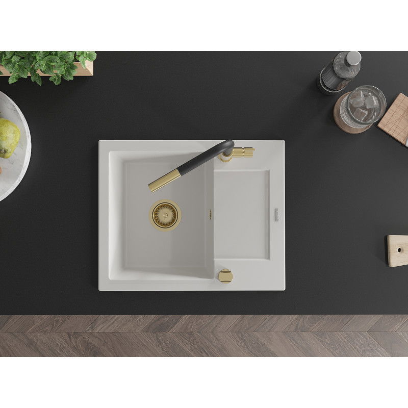 Mexen Enzo granitový drez 1-komorový s odkvapkávačom a kuchynskou batériou Flora, biely - 6506-20-670401-57-G