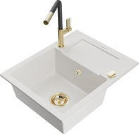 Mexen Enzo granitový drez 1-komorový s odkvapkávačom a kuchynskou batériou Flora, biely - 6506-20-670401-57-G