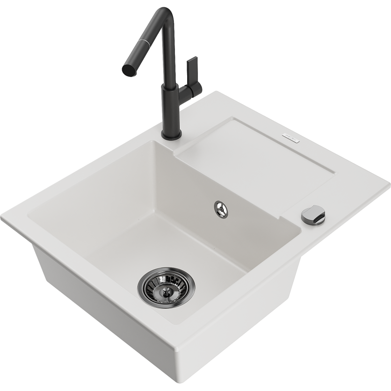 Mexen Enzo granitový drez s jednou komorou s odkvapkávačom a kuchynskou batériou Flora, biely - 6506-20-670401-70-B