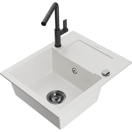 Mexen Enzo granitový drez s jednou komorou s odkvapkávačom a kuchynskou batériou Flora, biely - 6506-20-670401-70-B