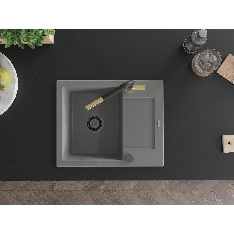 Mexen Enzo jednokomorový žulový drez s odkvapkávačom a kuchynskou batériou Flora, sivý - 6506-71-670401-57-B