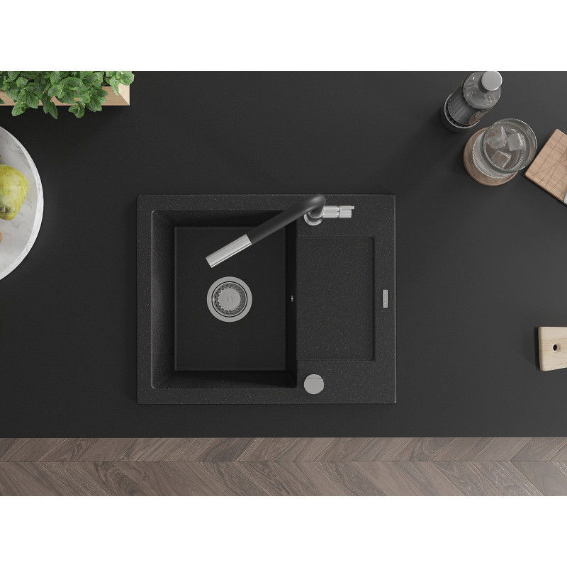 Mexen Enzo granitový drez 1-komorový s odkvapkávačom a kuchynskou batériou Flora, čierny/strieborný metalík