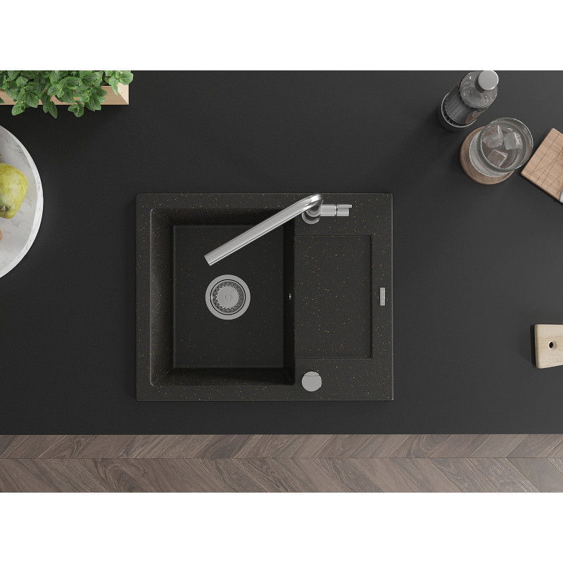 Mexen Enzo granitový drez s jednou komorou, odkvapkávačom a kuchynskou batériou Flora, čierny/zlatý metalický
