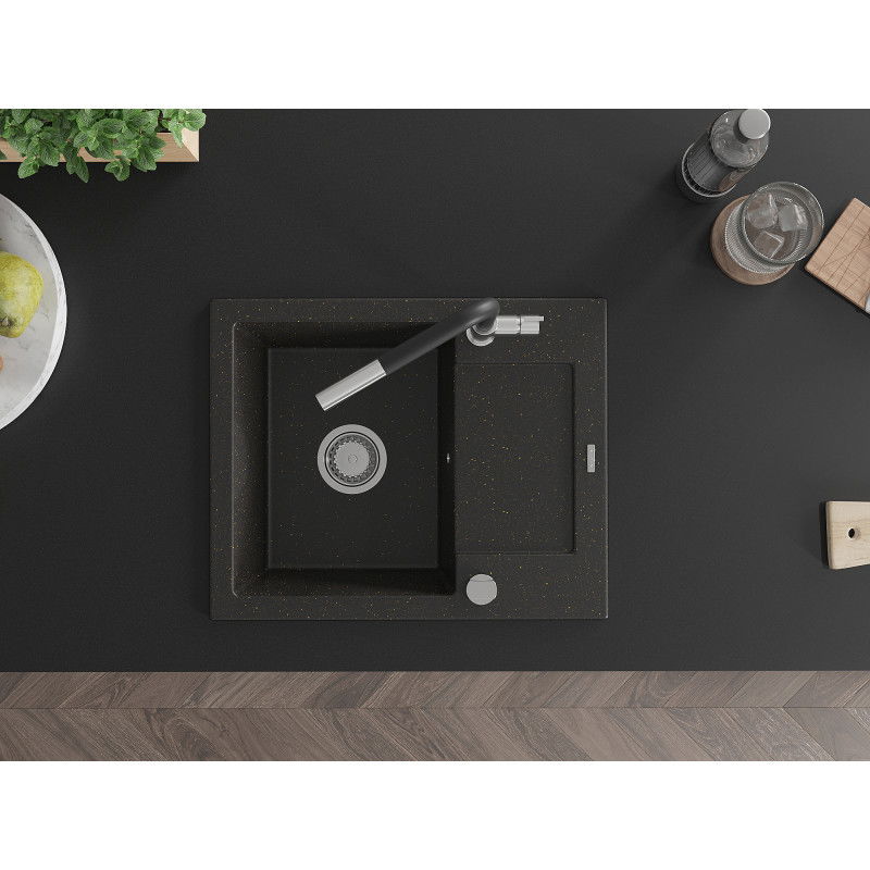 Mexen Enzo granitový drez 1-komorový s odkvapkávačom a kuchynskou batériou Flora, čierny/zlatý metalik - 6506-75-670401-07