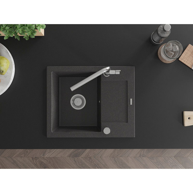 Mexen Enzo granitový drez s 1 komorou, odkvapkávačom a kuchynskou batériou Flora, čierny s bodkami - 6506-76-670401-00