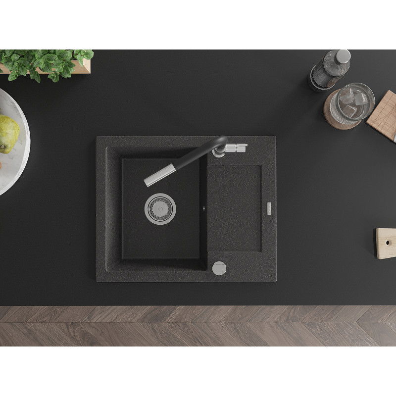 Mexen Enzo žulový drez jednokomorový s odkvapkávačom a kuchynskou batériou Flora, čierny strakatý - 6506-76-670401-07