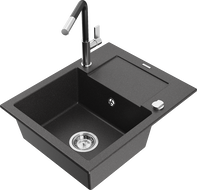 Mexen Enzo žulový drez jednokomorový s odkvapkávačom a kuchynskou batériou Flora, čierny strakatý - 6506-76-670401-07