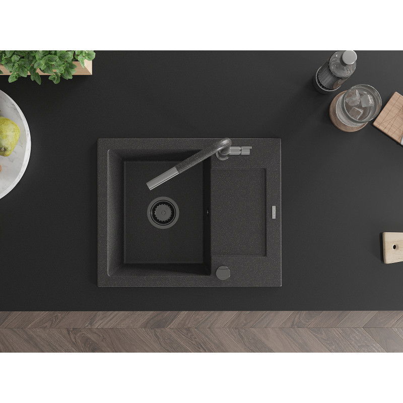 Mexen Enzo granitový jednodrez s odkvapkávačom a kuchynskou batériou Flora, čierny bodkovaný - 6506-76-670401-08-B