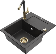 Mexen Enzo granitový drez s 1 komorou s odkvapkávačom a kuchynskou batériou Flora, čierny s bodkami - 6506-76-670401-57-G