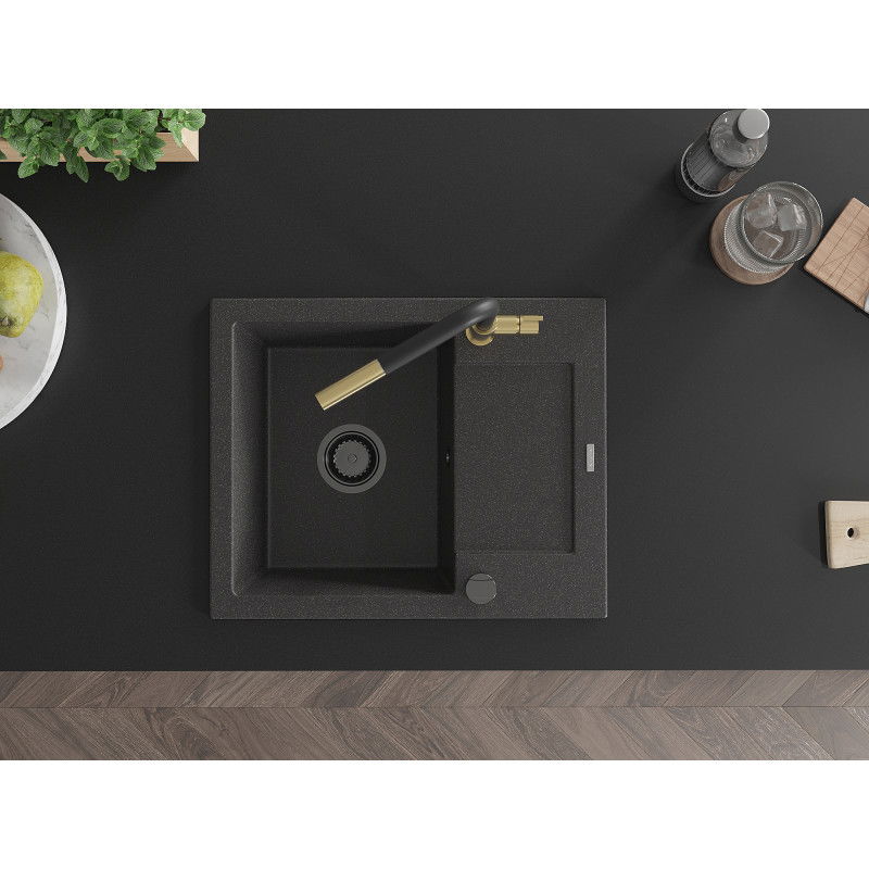 Mexen Enzo granitový drez 1-komorový s odkvapávačom a kuchynskou batériou Flora, čierny škvrnitý - 6506-76-670401-57-B