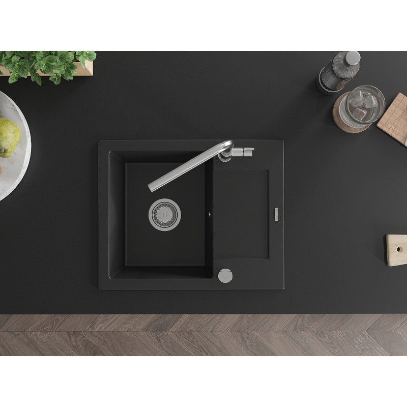 Mexen Enzo žulový drez s 1 komorou s odkvapkávačom a kuchynskou batériou Flora, čierny - 6506-77-670401-00