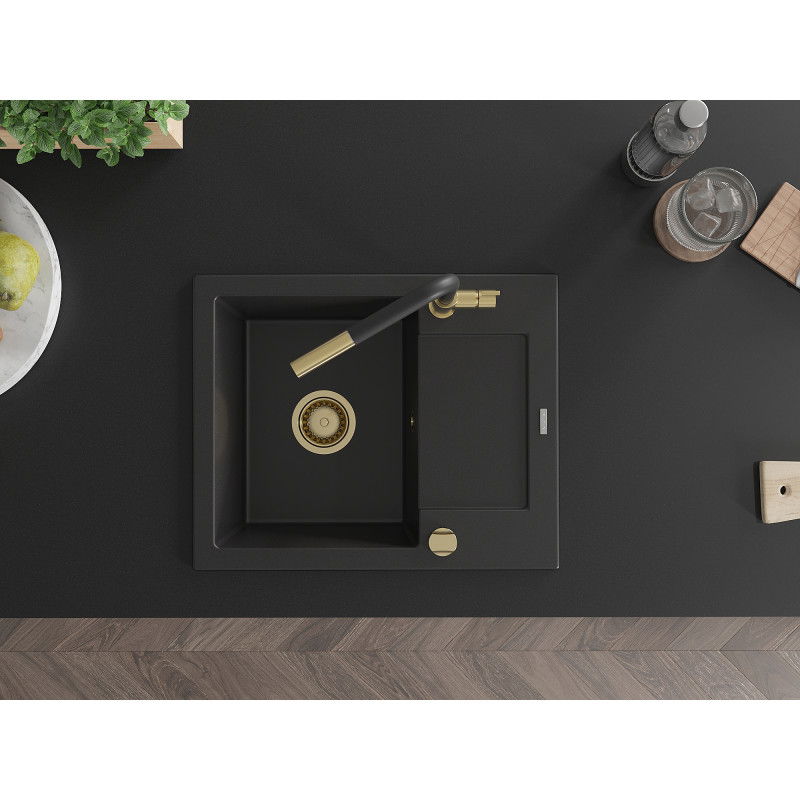 Mexen Enzo granitový drez s 1 komorou s odkvapkávačom a kuchynskou batériou Flora, čierna - 6506-77-670401-57-G