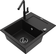 Mexen Enzo granitový drez 1-komorový s odkvapkávačom a kuchynskou batériou Flora, čierny - 6506-77-670401-70-B