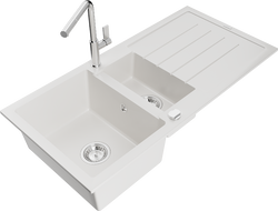 Mexen Andres kuchynský drez granitový 1,5-komorový s odkvapkávačom a kuchynskou batériou Flora, biely - 6515-20-670401-00