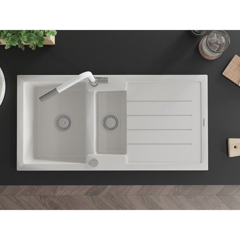 Mexen Andres žulový drez 1,5-komorový s odkvapkávačom a kuchynskou batériou Flora, biely - 6515-20-670401-02