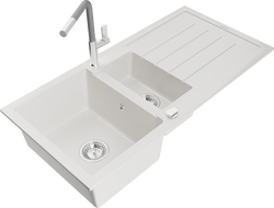 Mexen Andres granitový drez 1,5-komorový s odkvapkávačom a kuchynskou batériou Flora, biely - 6515-20-670401-06