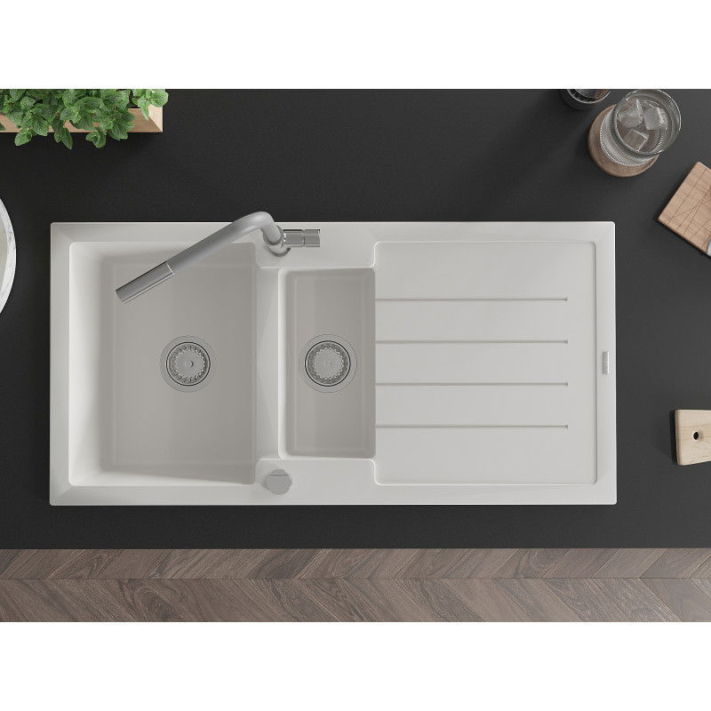 Mexen Andres žulový drez 1,5-komorový s odkvapkávačom a kuchynskou batériou Flora, biely - 6515-20-670401-06