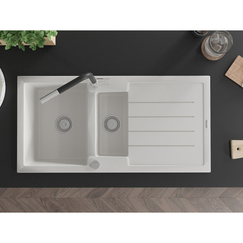 Mexen Andres žulový drez 1,5-komorový s odkvapkávačom a kuchynskou batériou Flora, biely - 6515-20-670401-07