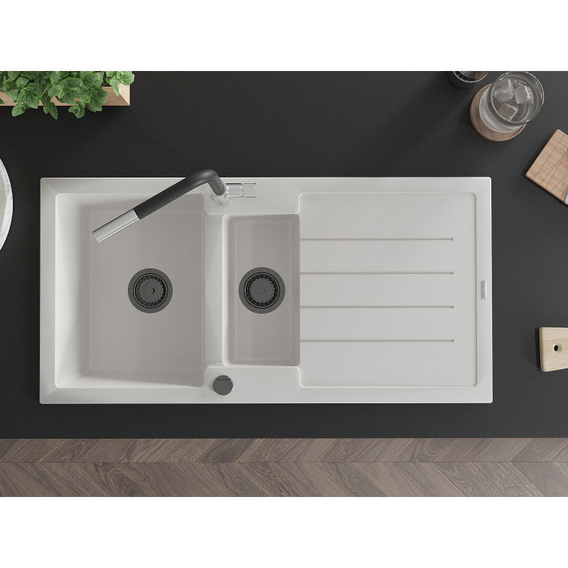 Mexen Andres 1,5-komorový granitový drez s odkvapkávačom a kuchynská batéria Flora, biela - 6515-20-670401-07-B