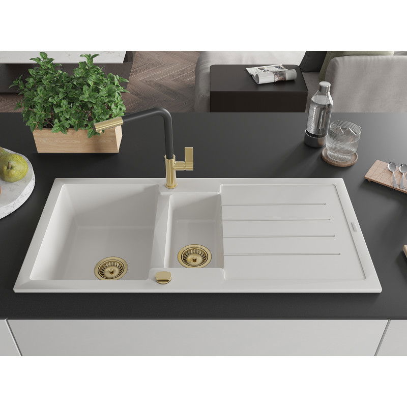 Mexen Andres žulový drez 1,5-kamory s odkvapkávačom a kuchynskou batériou Flora, biely - 6515-20-670401-57-G