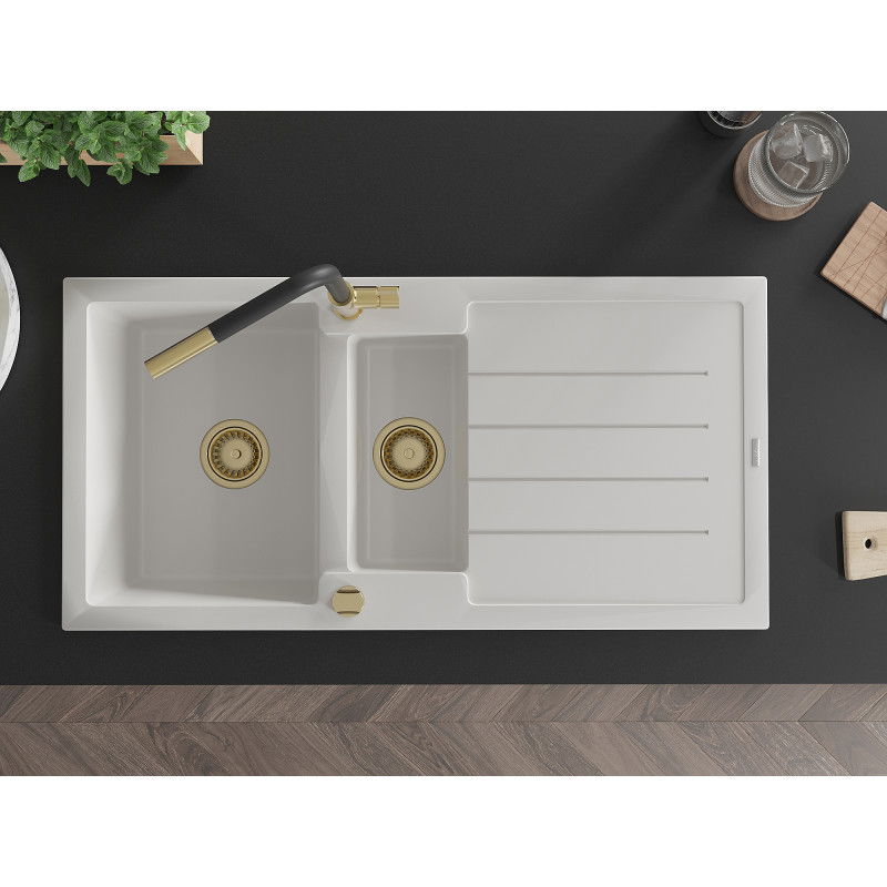 Mexen Andres žulový drez 1,5-kamory s odkvapkávačom a kuchynskou batériou Flora, biely - 6515-20-670401-57-G