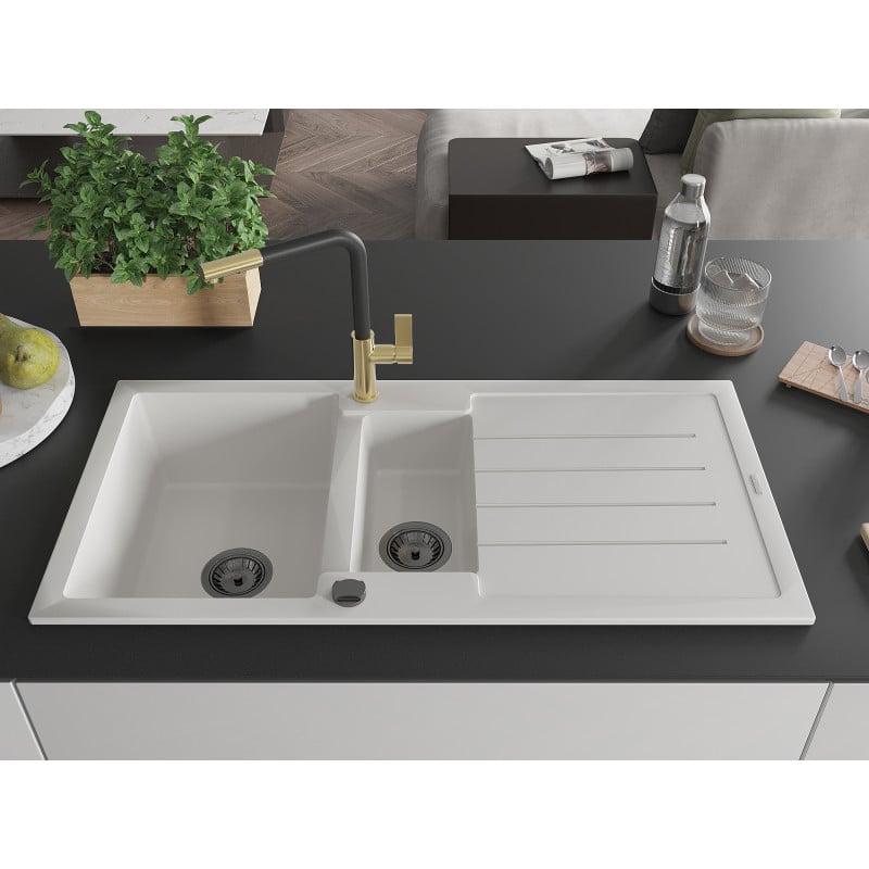 Mexen Andres granitový drez s 1,5 komorami, odkvapkávačom a kuchynskou batériou Flora, biely - 6515-20-670401-57-B