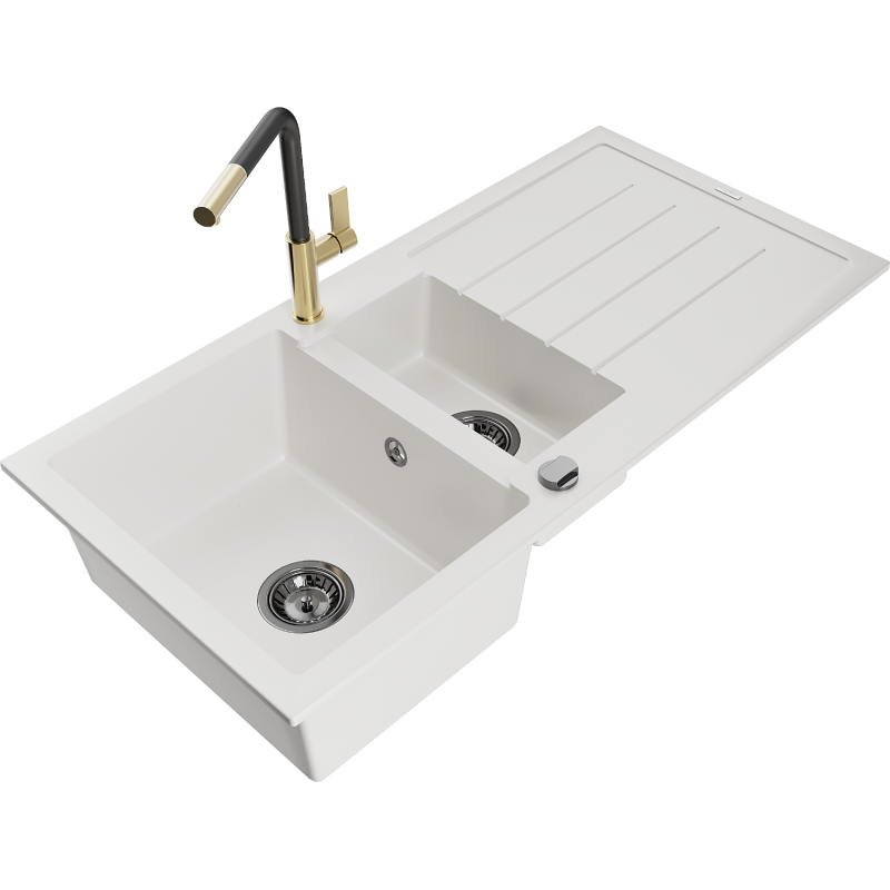 Mexen Andres granitový drez s 1,5 komorami, odkvapkávačom a kuchynskou batériou Flora, biely - 6515-20-670401-57-B