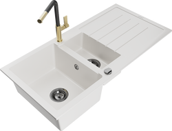 Mexen Andres granitový drez s 1,5 komorami, odkvapkávačom a kuchynskou batériou Flora, biely - 6515-20-670401-57-B