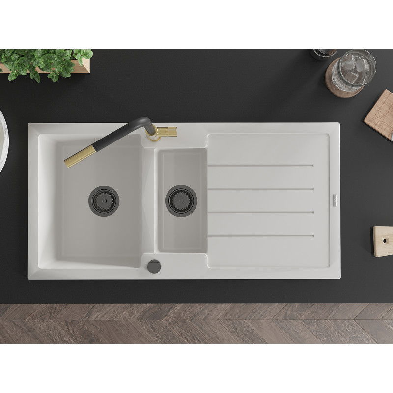 Mexen Andres granitový drez s 1,5 komorami, odkvapkávačom a kuchynskou batériou Flora, biely - 6515-20-670401-57-B