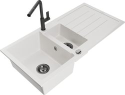 Mexen Andres žulový drez 1,5-komorový s odkvapkávacou doskou a kuchynskou batériou Flora, biely - 6515-20-670401-70-B