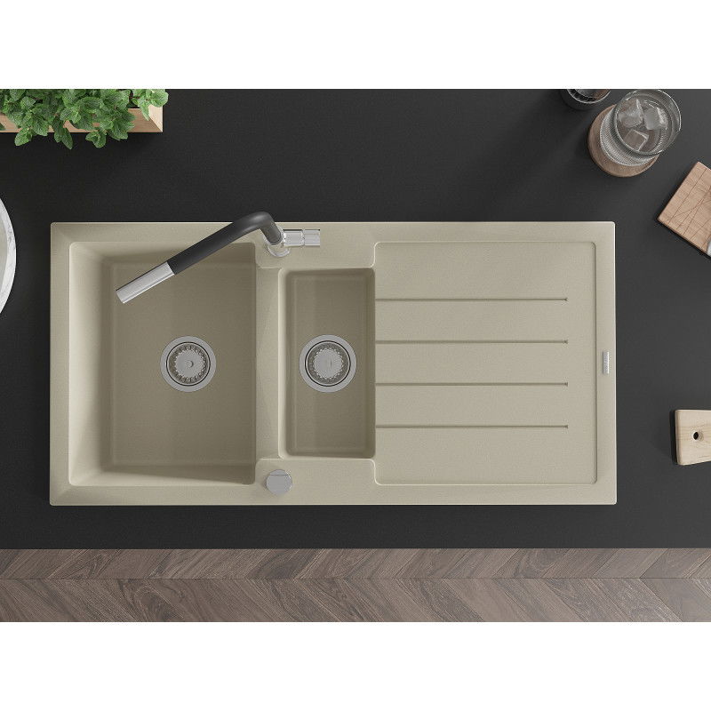 Mexen Andres granitový drez 1,5-komorový s odkvapkávačom a kuchynskou batériou Flora, béžový - 6515-69-670401-07