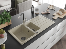 Mexen Andres žulový drez 1,5-komorový s odkvapkávačom a kuchynskou batériou Flora, béžový - 6515-69-670401-07-B