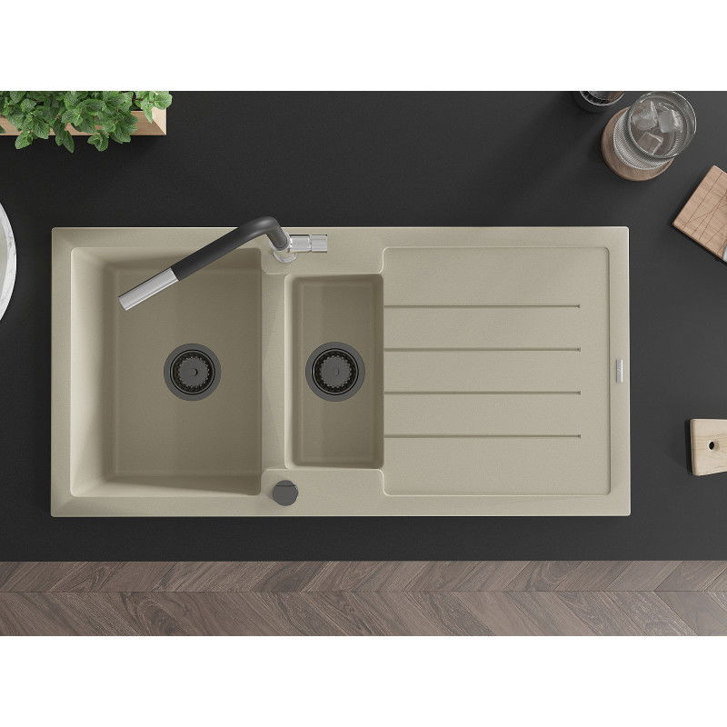 Mexen Andres žulový drez 1,5-komorový s odkvapkávačom a kuchynskou batériou Flora, béžový - 6515-69-670401-07-B