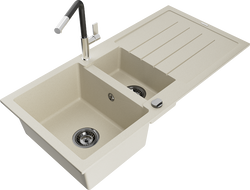 Mexen Andres žulový drez 1,5-komorový s odkvapkávačom a kuchynskou batériou Flora, béžový - 6515-69-670401-07-B
