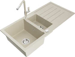 Mexen Andres žulový drez 1,5-komorový s odkvapkávačom a kuchynskou batériou Flora, béžový - 6515-69-670401-09