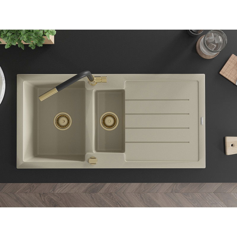 Mexen Andres žulový drez 1,5-komorový s odkvapkávačom a kuchynskou batériou Flora, béžový - 6515-69-670401-57-G