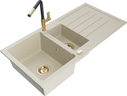 Mexen Andres žulový drez 1,5-komorový s odkvapkávačom a kuchynskou batériou Flora, béžový - 6515-69-670401-57-G