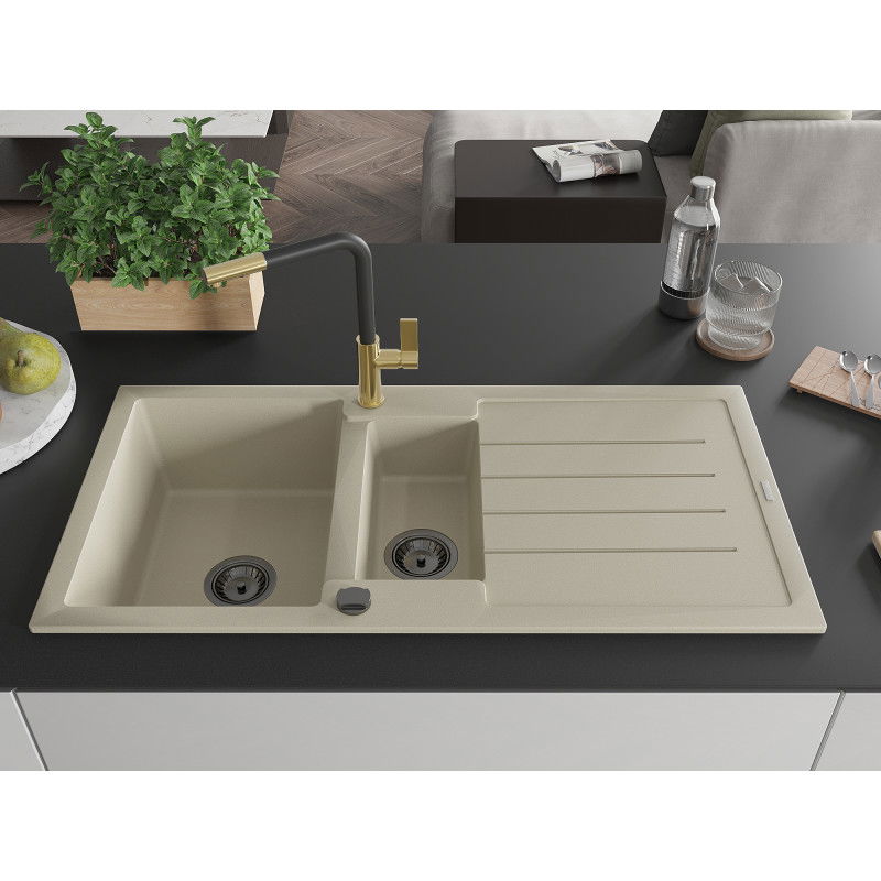 Mexen Andres granitový drez 1,5-komorový s odkvapkávačom a kuchynskou batériou Flora, béžový - 6515-69-670401-57-B
