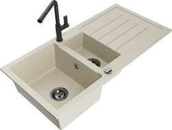 Mexen Andres žulový drez 1,5-komorový s odkvapkávačom a kuchynskou batériou Flora, béžový - 6515-69-670401-70-B