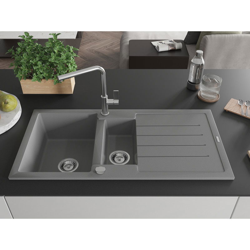 Mexen Andres granitový drez 1,5-komorový s odkvapkávačom a kuchynskou batériou Flora, sivý - 6515-71-670401-00