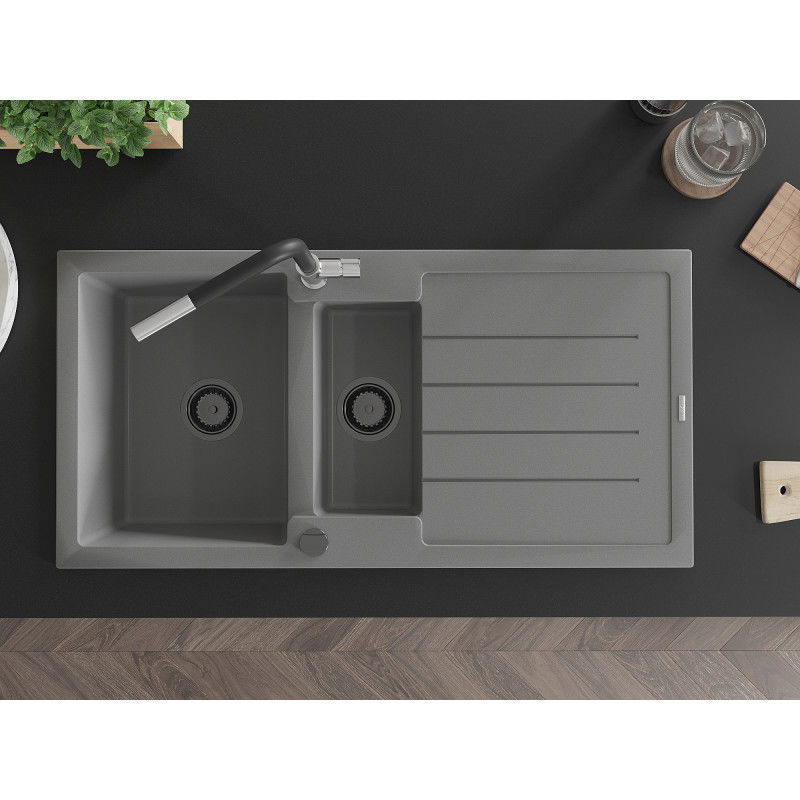 Mexen Andres žulový drez 1,5-komorový s odkvapkávacou plochou a kuchynskou batériou Flora, šedý - 6515-71-670401-07-B